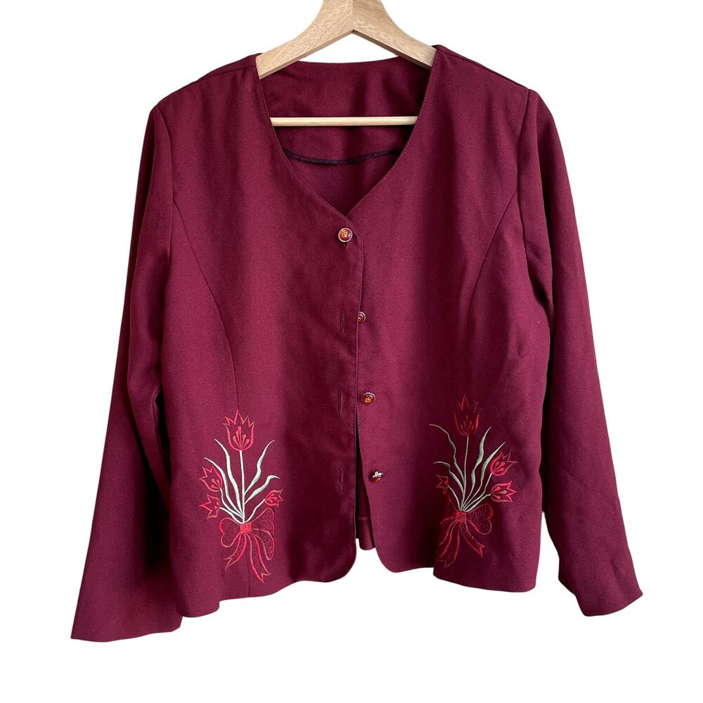 Vintage button front deep‎ red embroidered cardigan jacket women's floral size L